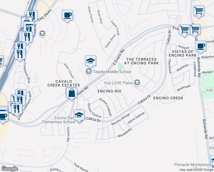 map of restaurants, bars, coffee shops, grocery stores, and more near 21626 Rio Comal in San Antonio