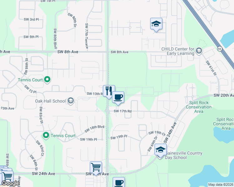 map of restaurants, bars, coffee shops, grocery stores, and more near 1323-1503 Southwest 75th Street in Gainesville