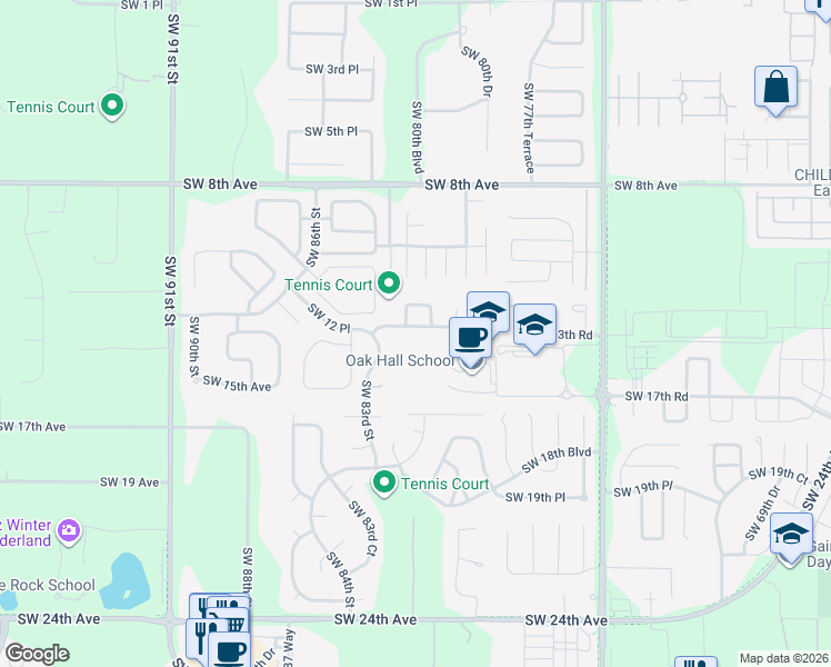 map of restaurants, bars, coffee shops, grocery stores, and more near 8129 Southwest 13th Road in Gainesville