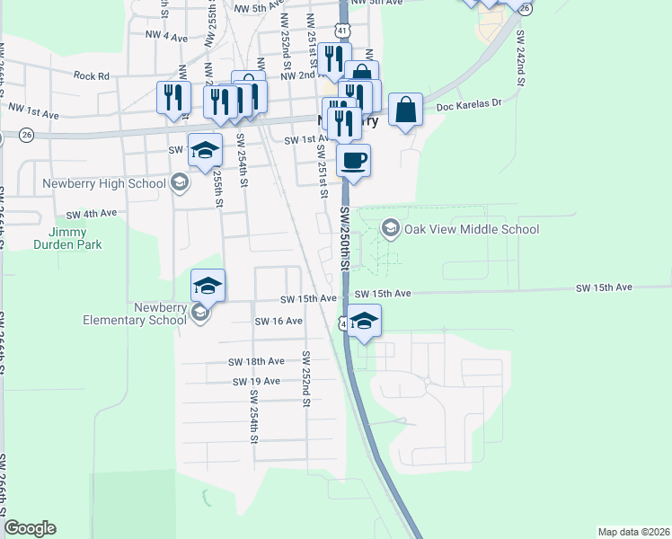 map of restaurants, bars, coffee shops, grocery stores, and more near 25075 Southwest 11th Court in Newberry