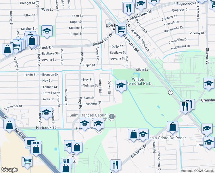 map of restaurants, bars, coffee shops, grocery stores, and more near 8206 Delwin St in Houston