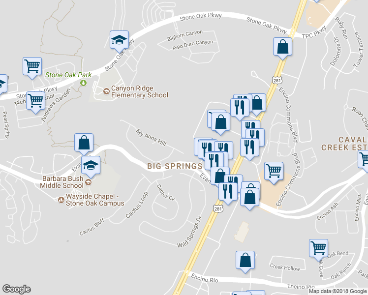 map of restaurants, bars, coffee shops, grocery stores, and more near 2011 My Anns Hill in San Antonio