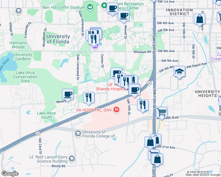 map of restaurants, bars, coffee shops, grocery stores, and more near 1333 Center Drive in Gainesville