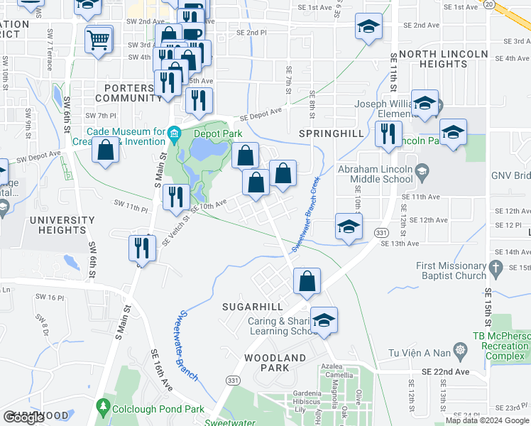 map of restaurants, bars, coffee shops, grocery stores, and more near 1108 Southeast 4 Street in Gainesville