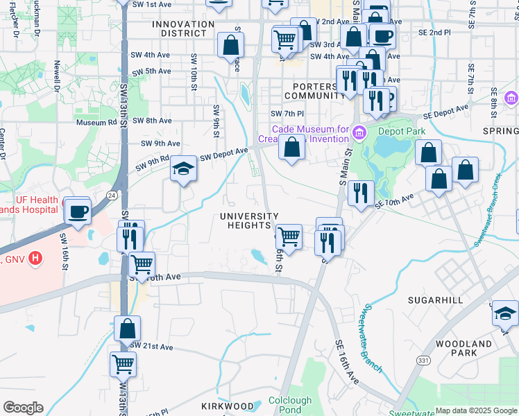 map of restaurants, bars, coffee shops, grocery stores, and more near 1102 Southwest 6th Street in Gainesville