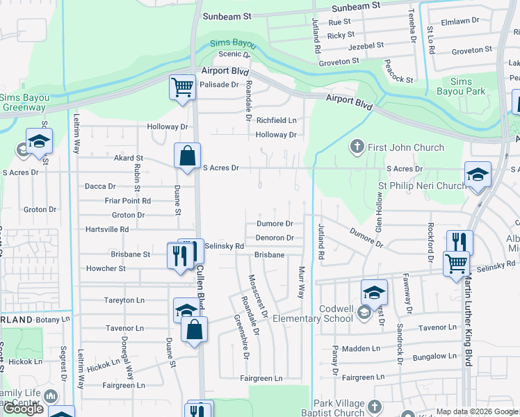 map of restaurants, bars, coffee shops, grocery stores, and more near 10907 Mosscrest Drive in Houston