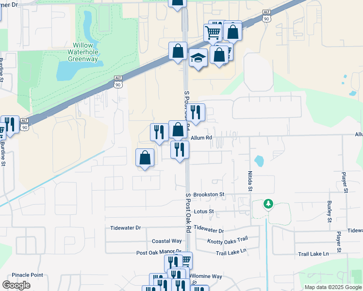 map of restaurants, bars, coffee shops, grocery stores, and more near 12900-12910 South Post Oak Road in Houston