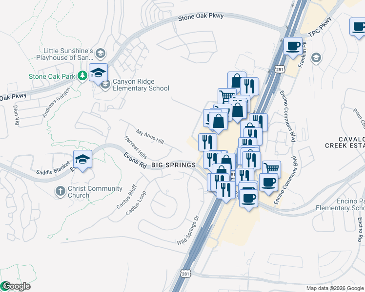 map of restaurants, bars, coffee shops, grocery stores, and more near 2011 My Anns Hill in San Antonio