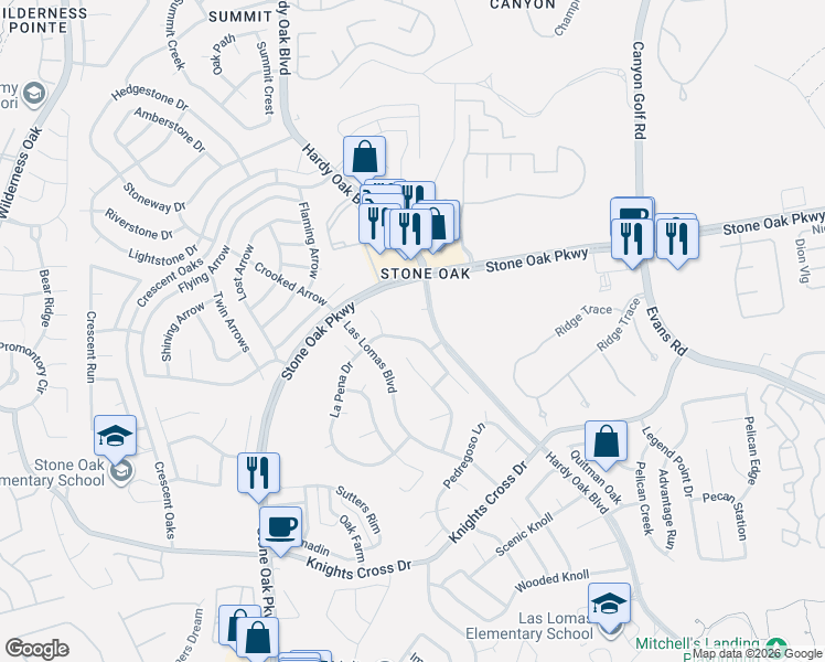 map of restaurants, bars, coffee shops, grocery stores, and more near 21331 La Pena Drive in San Antonio