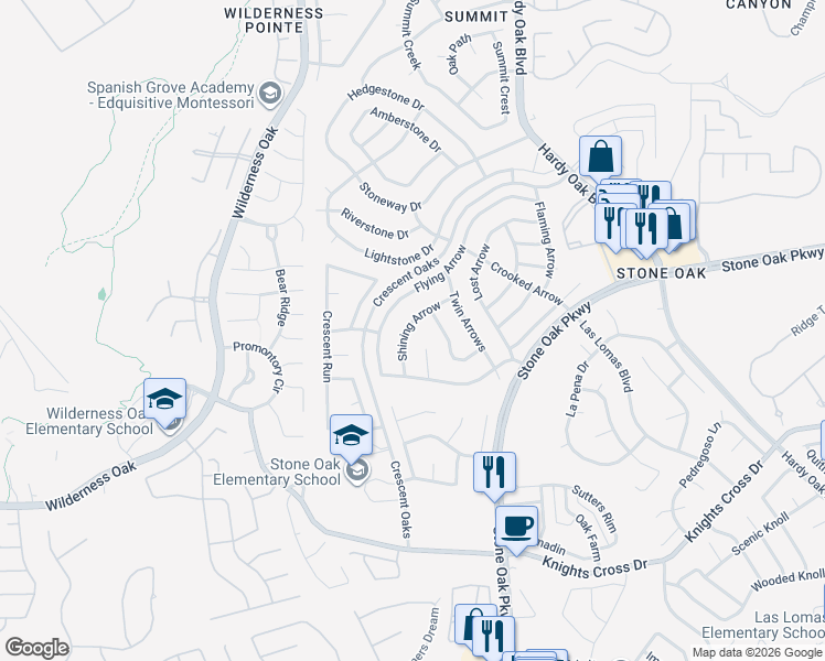 map of restaurants, bars, coffee shops, grocery stores, and more near 24822 Shining Arrow in San Antonio