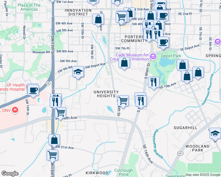 map of restaurants, bars, coffee shops, grocery stores, and more near 1102 Southwest 6th Street in Gainesville
