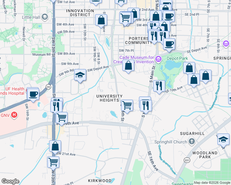 map of restaurants, bars, coffee shops, grocery stores, and more near 1102 Southwest 6th Street in Gainesville