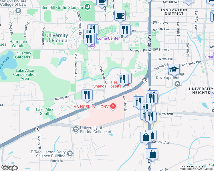 map of restaurants, bars, coffee shops, grocery stores, and more near 1333 Center Drive in Gainesville