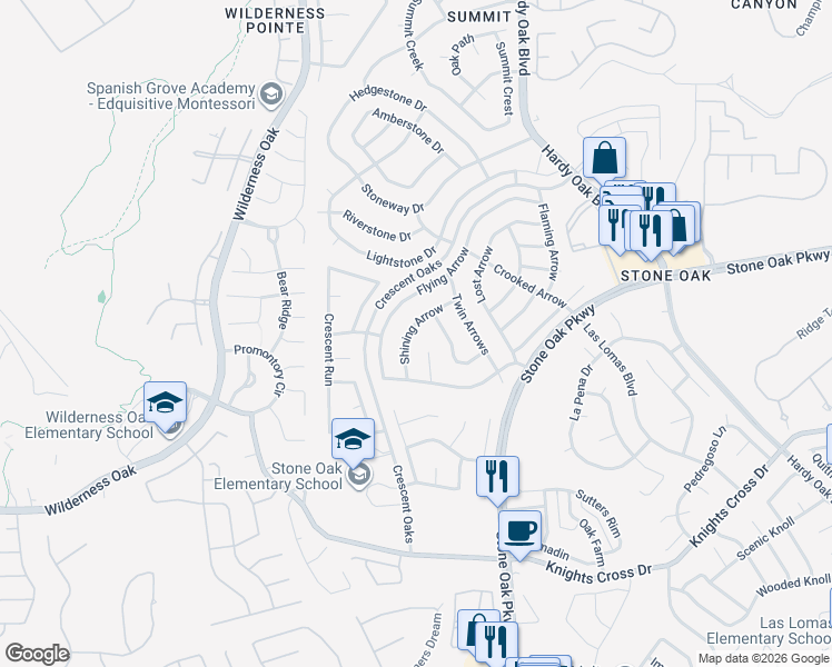 map of restaurants, bars, coffee shops, grocery stores, and more near 24822 Shining Arrow in San Antonio