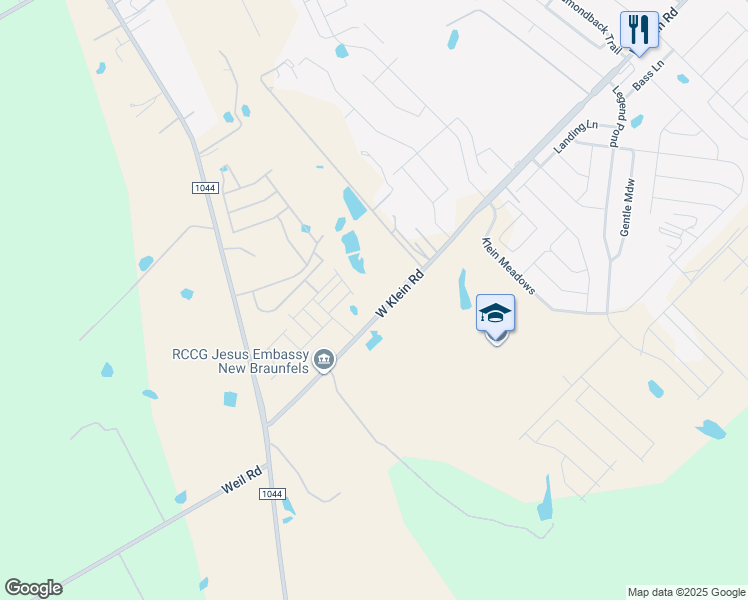 map of restaurants, bars, coffee shops, grocery stores, and more near 1486 West Klein Road in New Braunfels