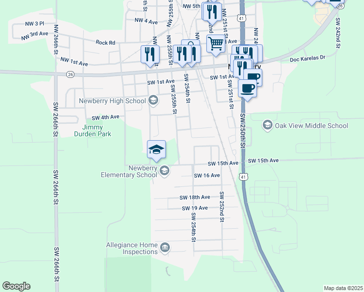 map of restaurants, bars, coffee shops, grocery stores, and more near 1001 Southwest 255 Street in Newberry