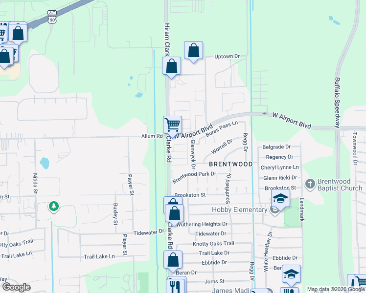 map of restaurants, bars, coffee shops, grocery stores, and more near 12935 Hiram Clarke Road in Houston