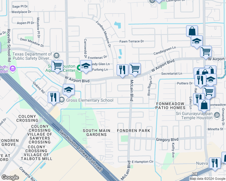 map of restaurants, bars, coffee shops, grocery stores, and more near 12447 Windy Wisp Lane in Houston