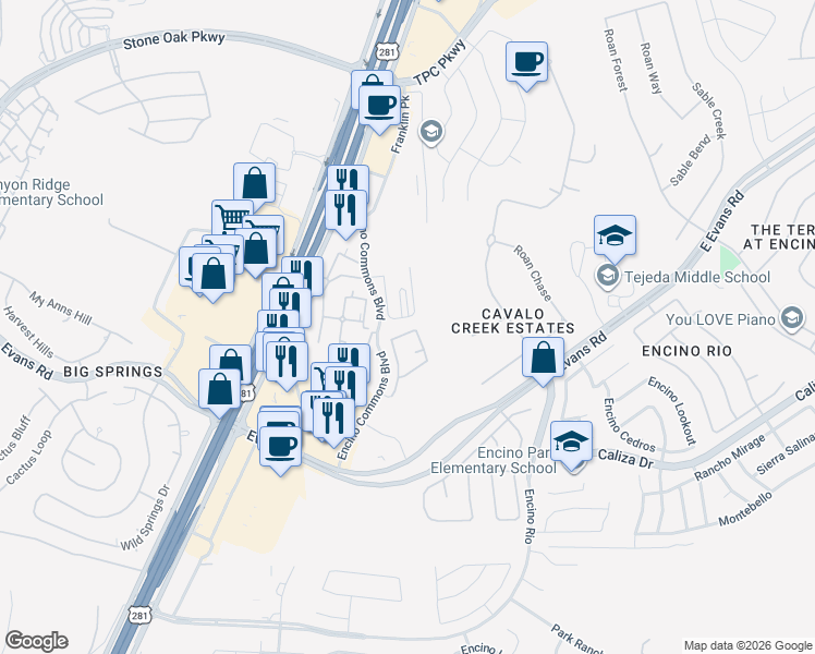 map of restaurants, bars, coffee shops, grocery stores, and more near 2510 Villa Borghese in San Antonio