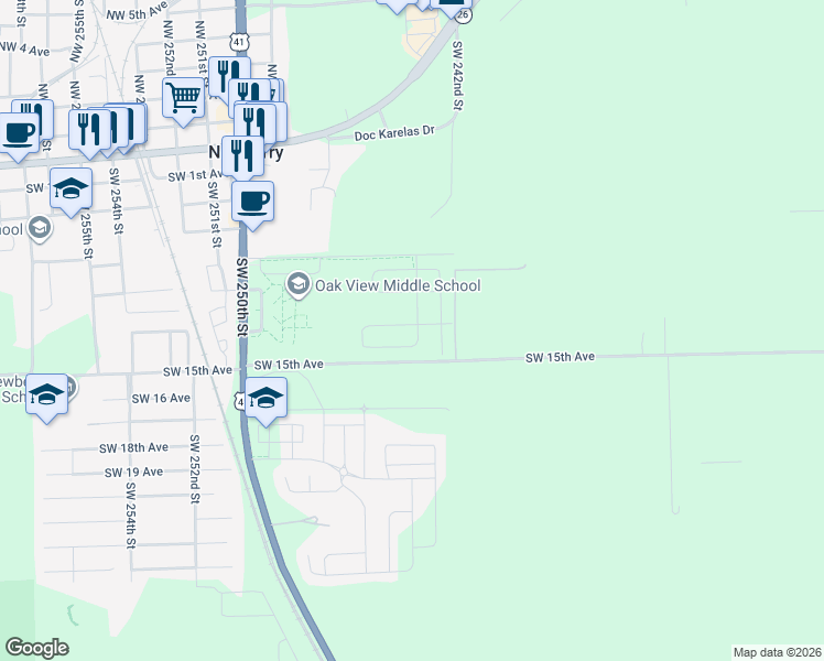 map of restaurants, bars, coffee shops, grocery stores, and more near 24404 Southwest 13th Lane in Newberry