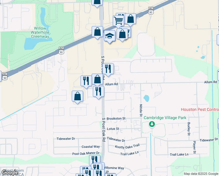 map of restaurants, bars, coffee shops, grocery stores, and more near 12900 South Post Oak Road in Houston