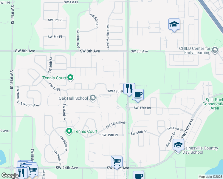 map of restaurants, bars, coffee shops, grocery stores, and more near 1310 Southwest 76th Drive in Gainesville
