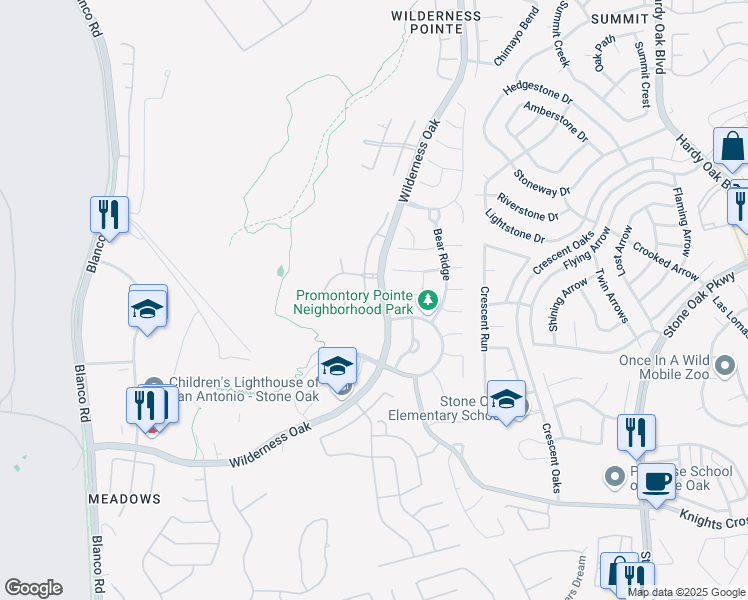 map of restaurants, bars, coffee shops, grocery stores, and more near 21530 Promontory Circle in San Antonio