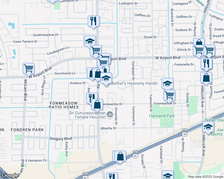 map of restaurants, bars, coffee shops, grocery stores, and more near 12521 Fondren Rd in Houston
