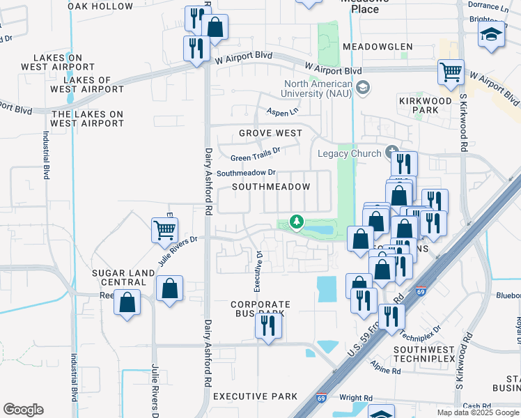 map of restaurants, bars, coffee shops, grocery stores, and more near 12423 Jersey Meadow Drive in Stafford