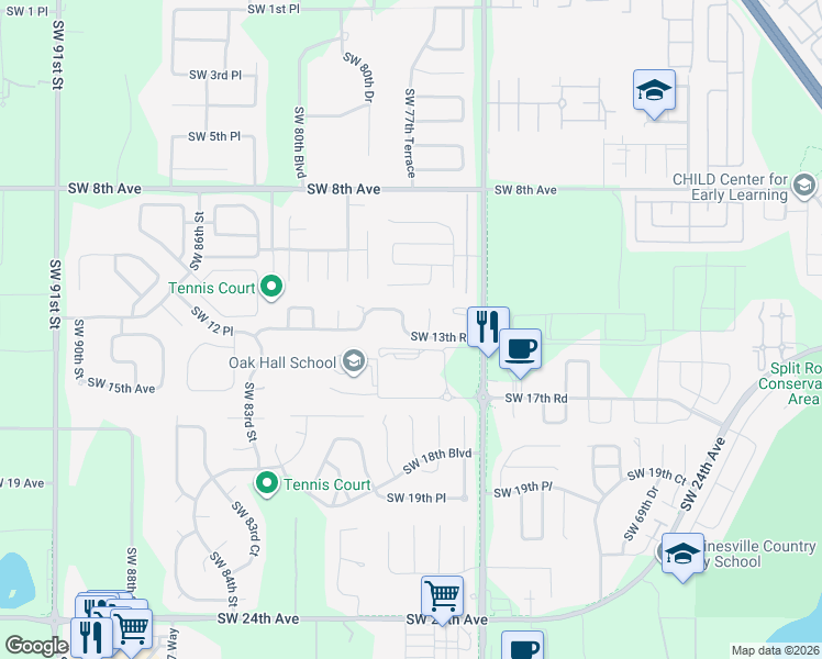 map of restaurants, bars, coffee shops, grocery stores, and more near 1310 Southwest 76th Drive in Gainesville