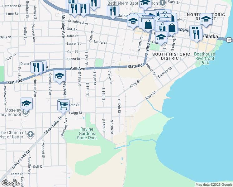 map of restaurants, bars, coffee shops, grocery stores, and more near 905 South 12th Street in Palatka