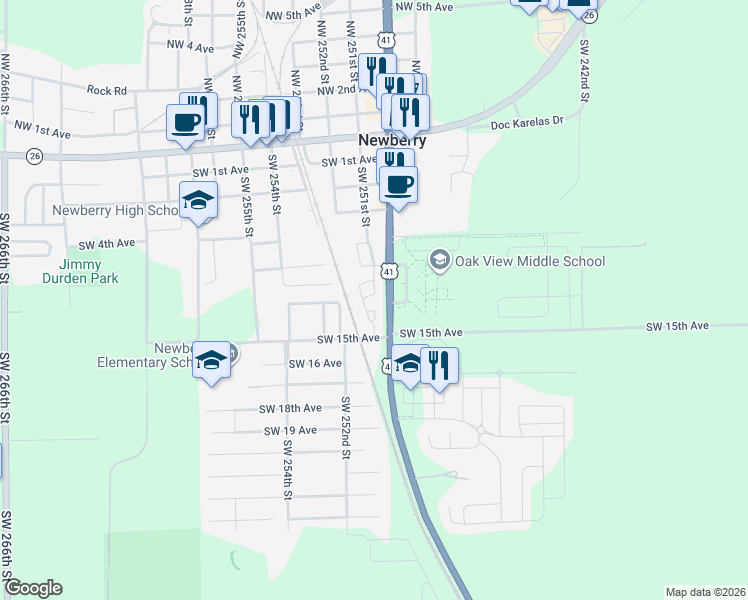 map of restaurants, bars, coffee shops, grocery stores, and more near 1315 Southwest 252nd Street in Newberry