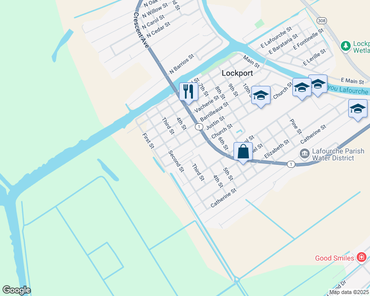 map of restaurants, bars, coffee shops, grocery stores, and more near 915 Justin Street in Lockport