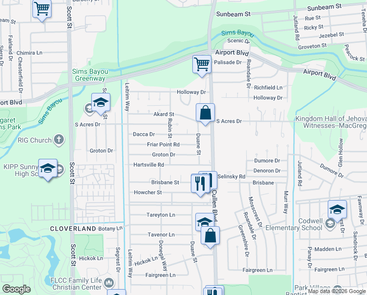 map of restaurants, bars, coffee shops, grocery stores, and more near 4411 Groton Drive in Houston