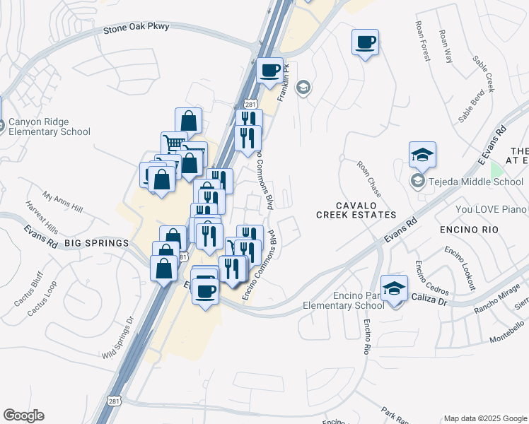 map of restaurants, bars, coffee shops, grocery stores, and more near 21303 Encino Commons in San Antonio