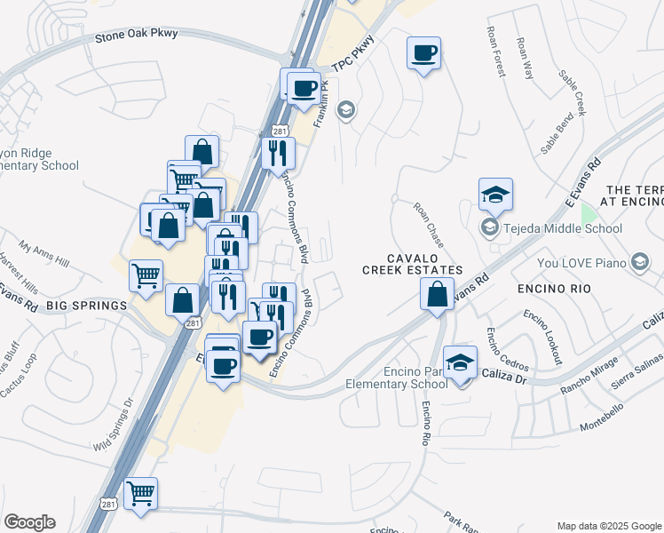 map of restaurants, bars, coffee shops, grocery stores, and more near 2510 Villa Borghese in San Antonio