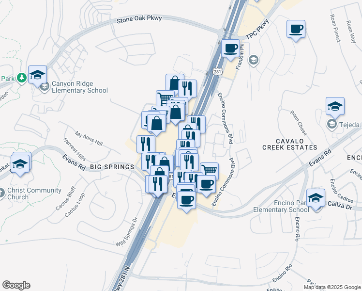 map of restaurants, bars, coffee shops, grocery stores, and more near U.S. 281 in San Antonio