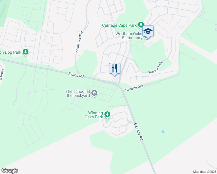 map of restaurants, bars, coffee shops, grocery stores, and more near 5099 Evans Road in San Antonio