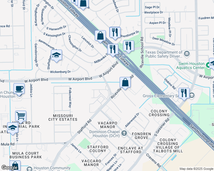 map of restaurants, bars, coffee shops, grocery stores, and more near New Stafford Road in Stafford