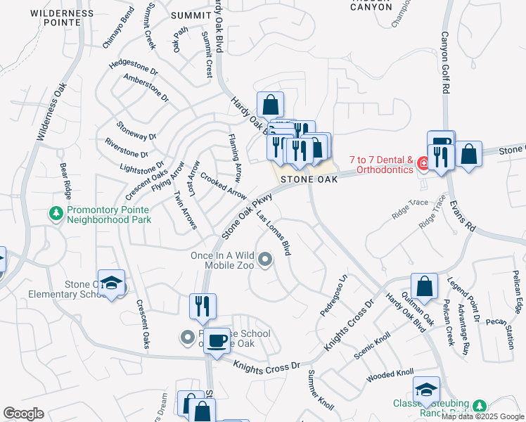 map of restaurants, bars, coffee shops, grocery stores, and more near 21218 Las Lomas Boulevard in San Antonio