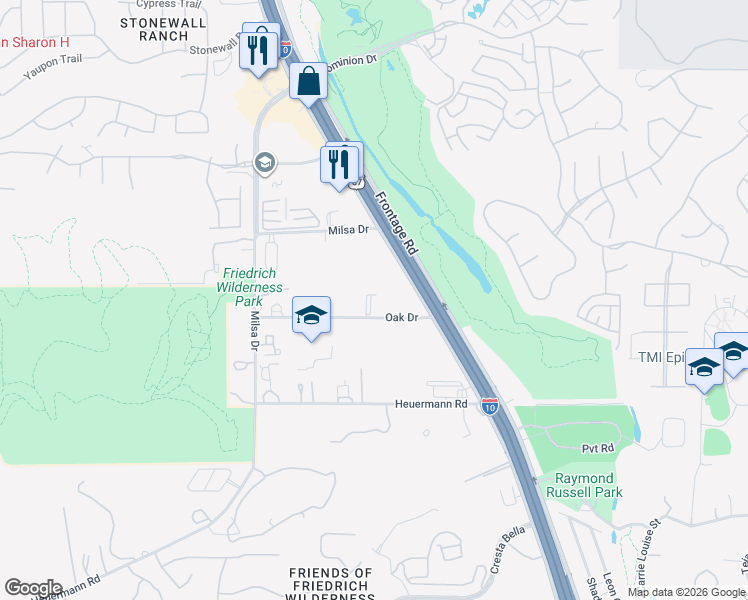 map of restaurants, bars, coffee shops, grocery stores, and more near 6975 Oak Drive in San Antonio