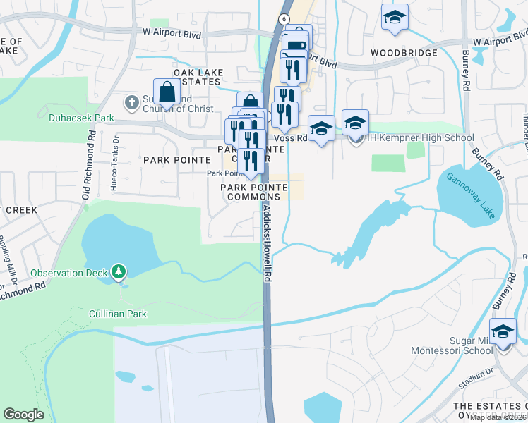 map of restaurants, bars, coffee shops, grocery stores, and more near 12200 South Texas 6 in Sugar Land