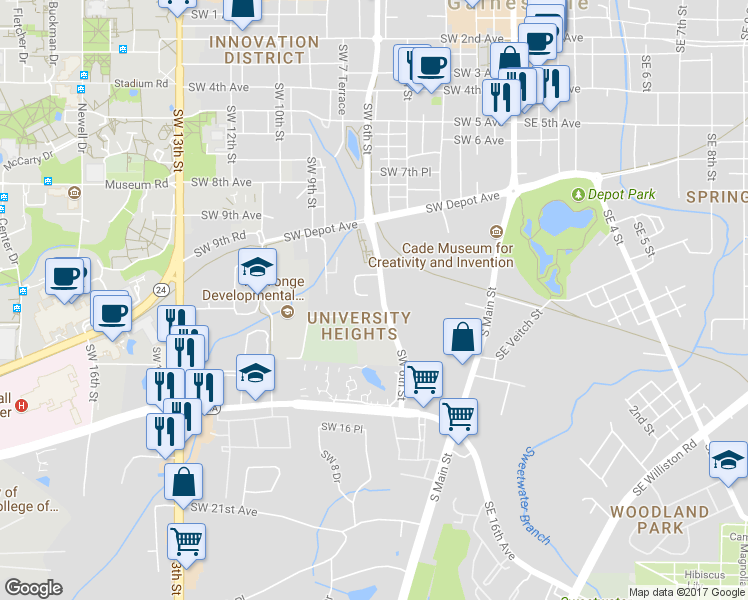 map of restaurants, bars, coffee shops, grocery stores, and more near 1102 Southwest 6th Street in Gainesville