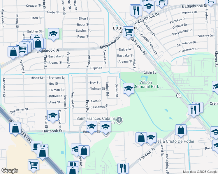 map of restaurants, bars, coffee shops, grocery stores, and more near 8206 Delwin Street in Houston