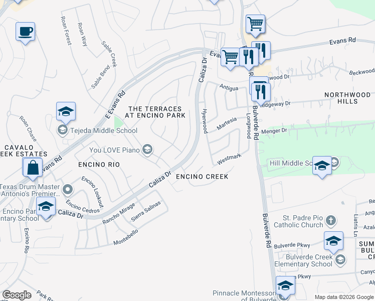 map of restaurants, bars, coffee shops, grocery stores, and more near 3327 Mineral Creek in San Antonio