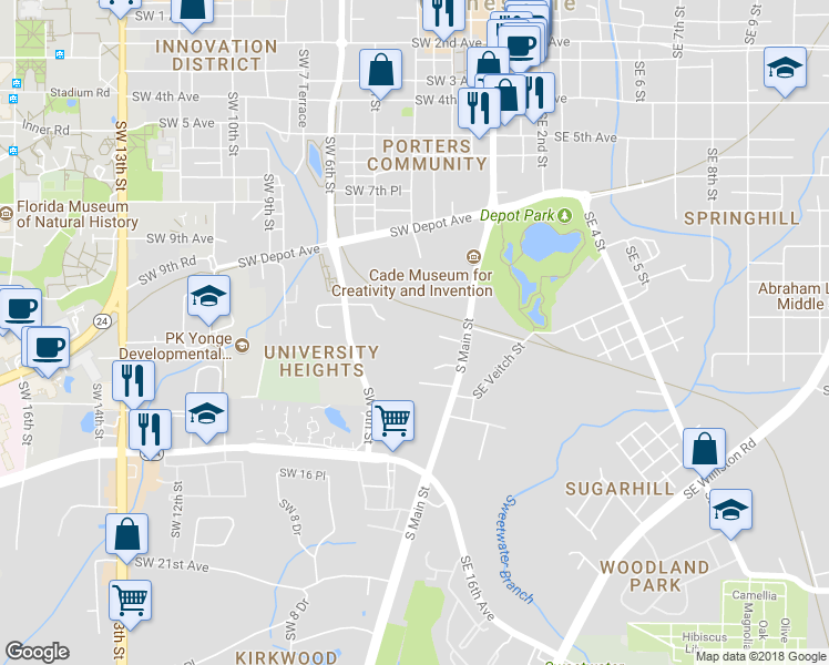 map of restaurants, bars, coffee shops, grocery stores, and more near 313 Southwest 11 Place in Gainesville