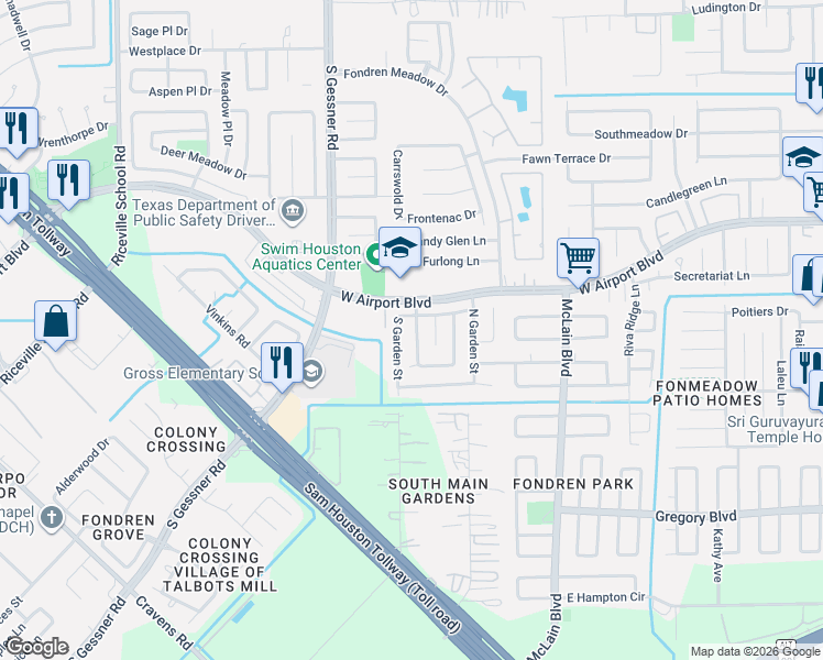 map of restaurants, bars, coffee shops, grocery stores, and more near 12502 Seaswept Drive in Houston