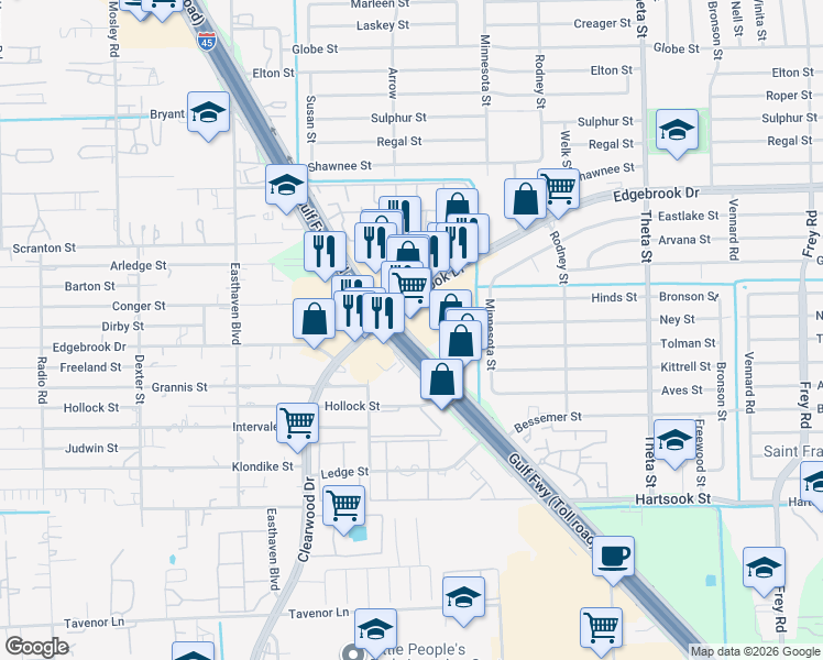 map of restaurants, bars, coffee shops, grocery stores, and more near 10545 Gulf Freeway in Houston