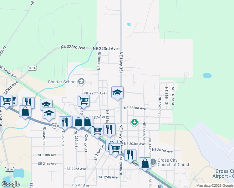 map of restaurants, bars, coffee shops, grocery stores, and more near 438 Northeast 351 Highway in Cross City