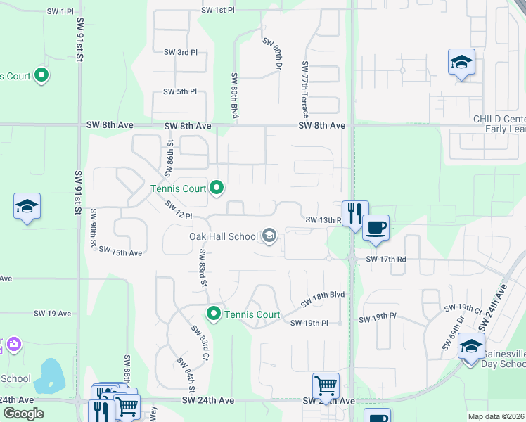 map of restaurants, bars, coffee shops, grocery stores, and more near 8009 Southwest 13th Road in Gainesville
